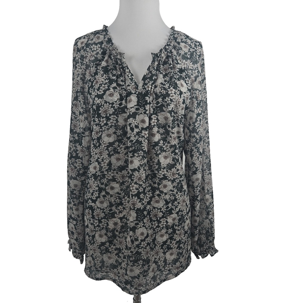 Cabi Green Gray Floral Chiffon Long Sleeve Tunic Top (Shell) Size Medium M